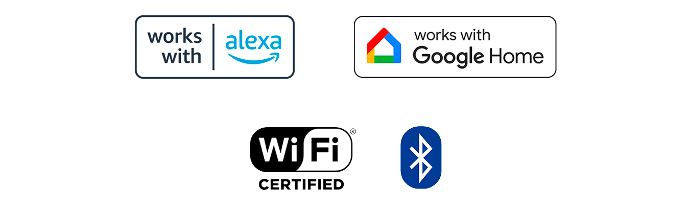 Logos indicating it is wifi certified, works on amazon alexa and google home.